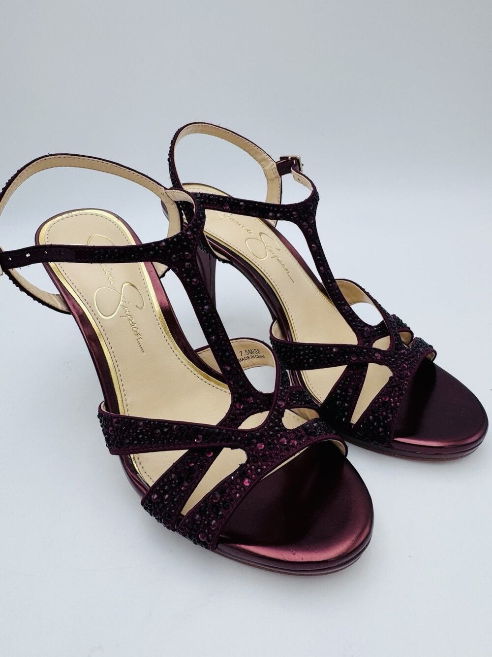 Jessica Simpson Women’s 7.5 Burgundy Rhinestone Strappy High Heel Sandals